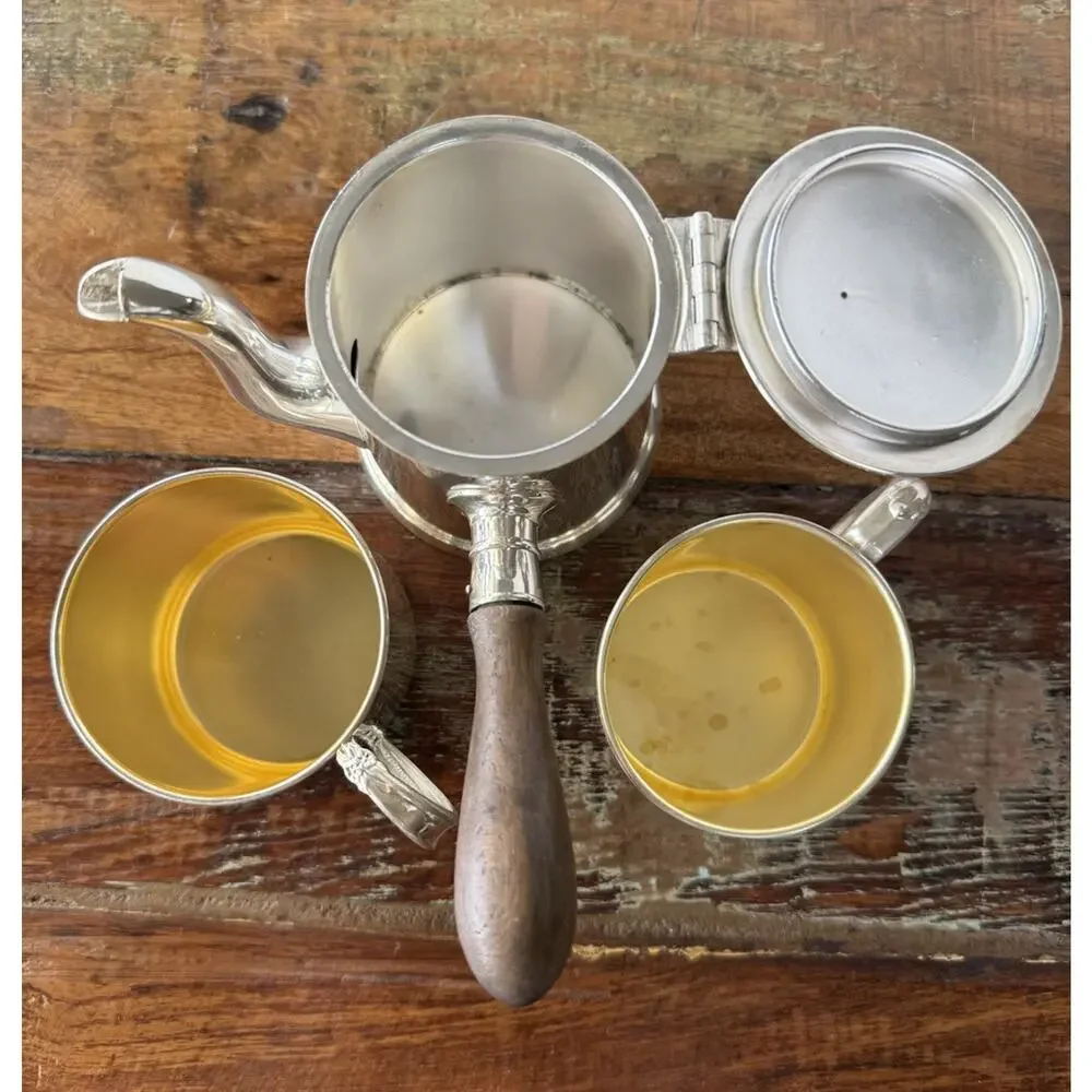 Vintage Wilcox Silver Plate Coffee Pot Wm Rogers Gold Wash Cups 3 Piece Set
